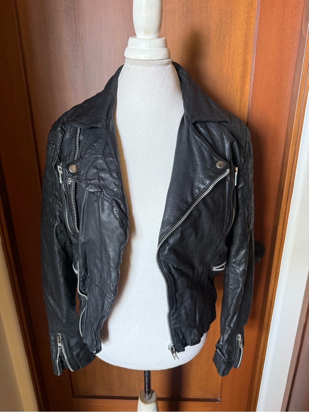 ⚜️ TOPMAN BLACK LEATHER BIKER MOTO JACKET XS SILVER HARDWARE ⚜️